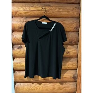 89th + Madison Womens 2X Black Cutout Rhinestone Pearl Trim‎ Short Sleeve Top